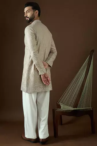 Men’s beige georgette solid embroidered kurta with trouser set | trendy designer ethnic wear for wedding, festive