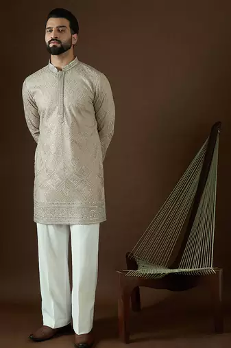 Men’s beige georgette solid embroidered kurta with trouser set | trendy designer ethnic wear for wedding, festive