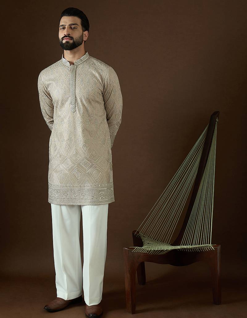 Men’s beige georgette solid embroidered kurta with trouser set | trendy designer ethnic wear for wedding, festive