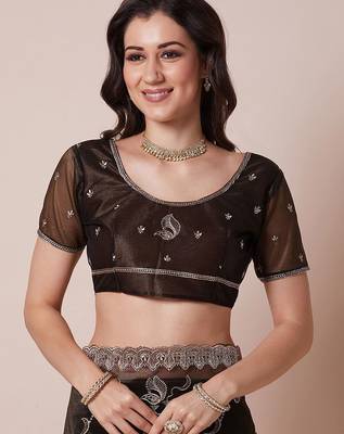 Olive sheer festive saree with unstitched blouse piece 5