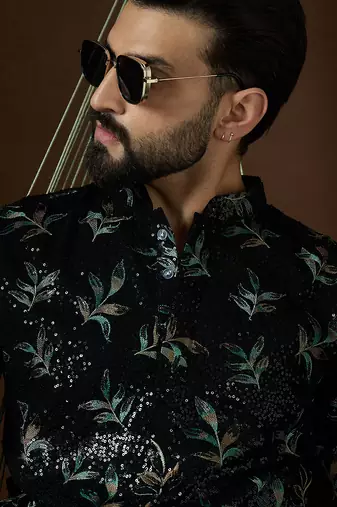 Men’s black silk blend solid embroidered kurta with trouser set | trendy designer ethnic wear for wedding, festive