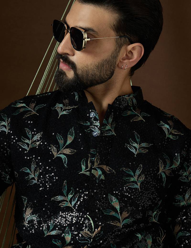 Men’s black silk blend solid embroidered kurta with trouser set | trendy designer ethnic wear for wedding, festive