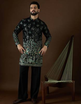 Men’s black silk blend solid embroidered kurta with trouser set | trendy designer ethnic wear for wedding, festive 3