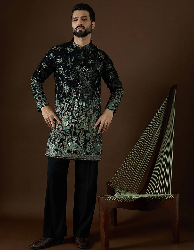 Men’s black silk blend solid embroidered kurta with trouser set | trendy designer ethnic wear for wedding, festive
