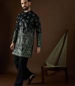 Men’s black silk blend solid embroidered kurta with trouser set | trendy designer ethnic wear for wedding, festive