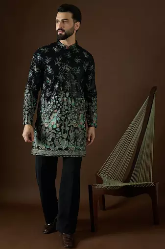 Men’s black silk blend solid embroidered kurta with trouser set | trendy designer ethnic wear for wedding, festive