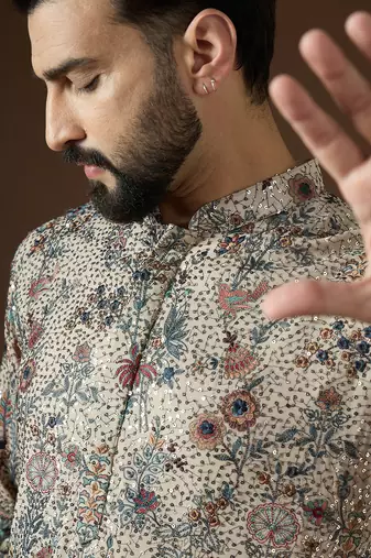 Men’s cream georgette solid embroidered kurta with trouser set | trendy designer ethnic wear for wedding, festive