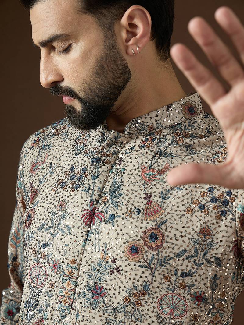 Men’s cream georgette solid embroidered kurta with trouser set | trendy designer ethnic wear for wedding, festive