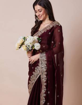 Maroon embroidered party wear saree with blouse 1