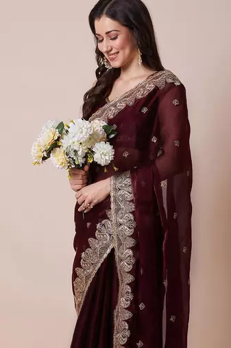 Maroon embroidered party wear saree with blouse