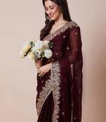 Maroon embroidered party wear saree with blouse