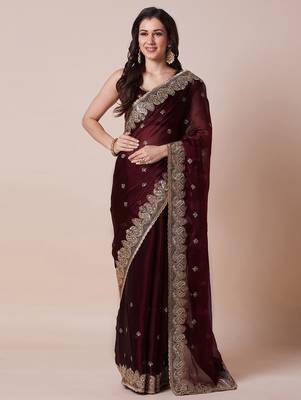 Maroon embroidered party wear saree with blouse 2