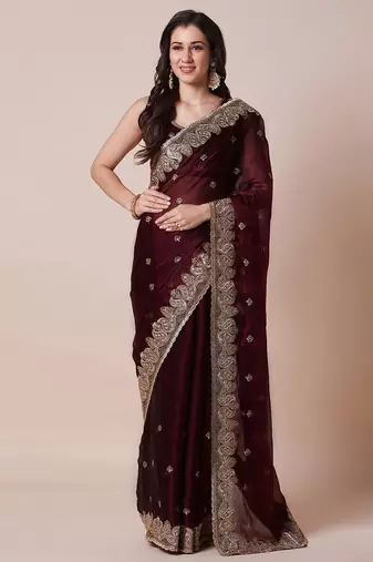 Maroon embroidered party wear saree with blouse