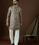 Men’s cream georgette solid embroidered kurta with trouser set | trendy designer ethnic wear for wedding, festive