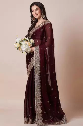 Maroon embroidered party wear saree with blouse