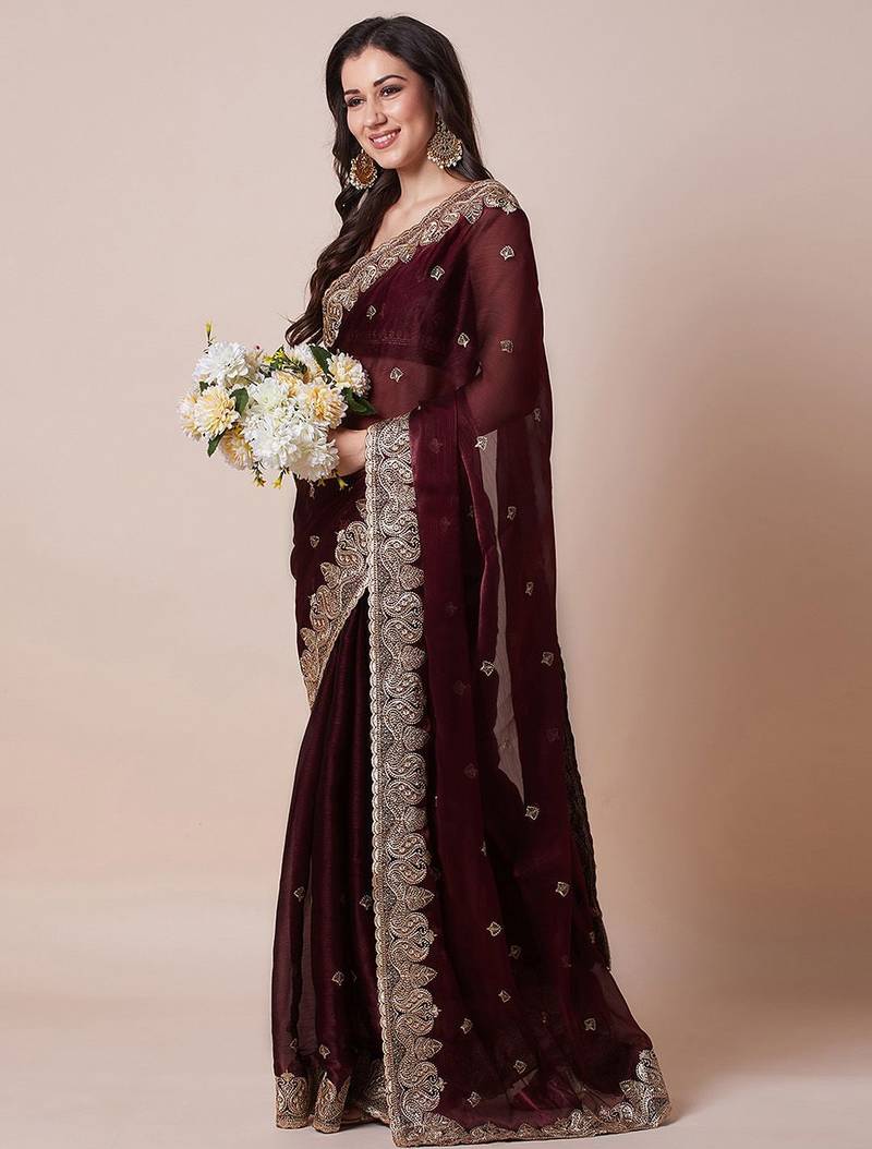 Maroon embroidered party wear saree with blouse