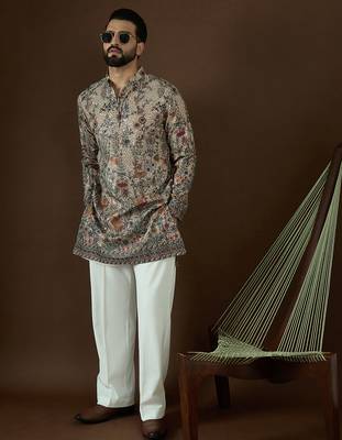 Men’s cream georgette solid embroidered kurta with trouser set | trendy designer ethnic wear for wedding, festive 3