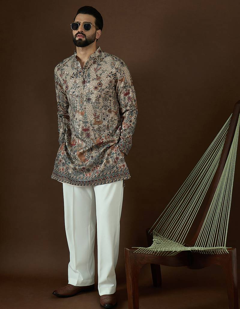 Men’s cream georgette solid embroidered kurta with trouser set | trendy designer ethnic wear for wedding, festive