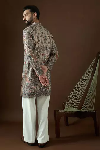 Men’s cream georgette solid embroidered kurta with trouser set | trendy designer ethnic wear for wedding, festive