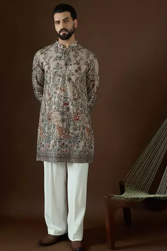 Men’s cream georgette solid embroidered kurta with trouser set | trendy designer ethnic wear for wedding, festive