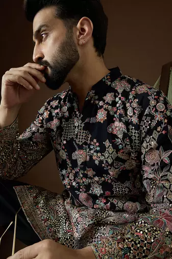 Men’s blue georgette solid embroidered kurta with trouser set | trendy designer ethnic wear for wedding, festive