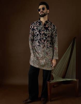 Men’s blue georgette solid embroidered kurta with trouser set | trendy designer ethnic wear for wedding, festive 1