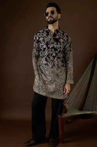 Men’s blue georgette solid embroidered kurta with trouser set | trendy designer ethnic wear for wedding, festive