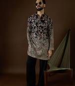 Men’s blue georgette solid embroidered kurta with trouser set | trendy designer ethnic wear for wedding, festive
