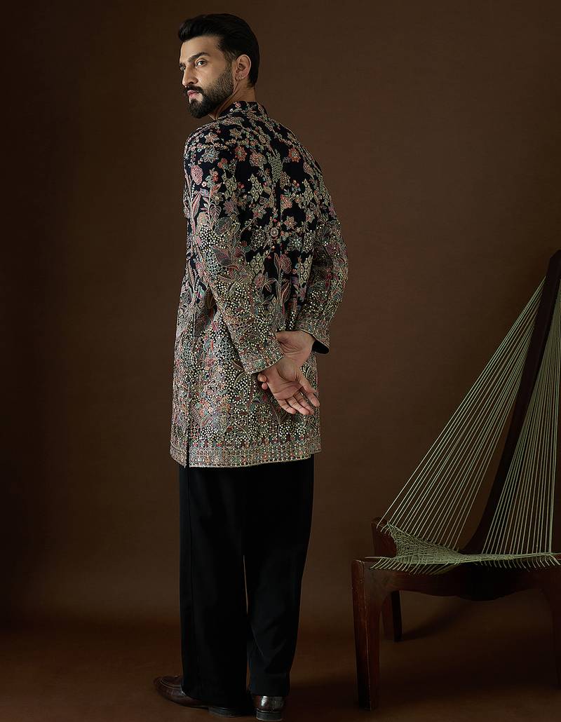 Men’s blue georgette solid embroidered kurta with trouser set | trendy designer ethnic wear for wedding, festive