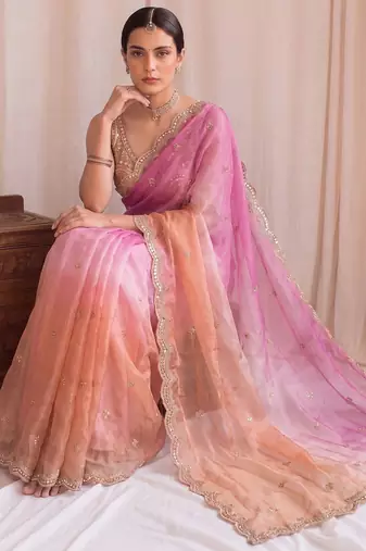 Multicolor ombre embroidered tissue designer saree