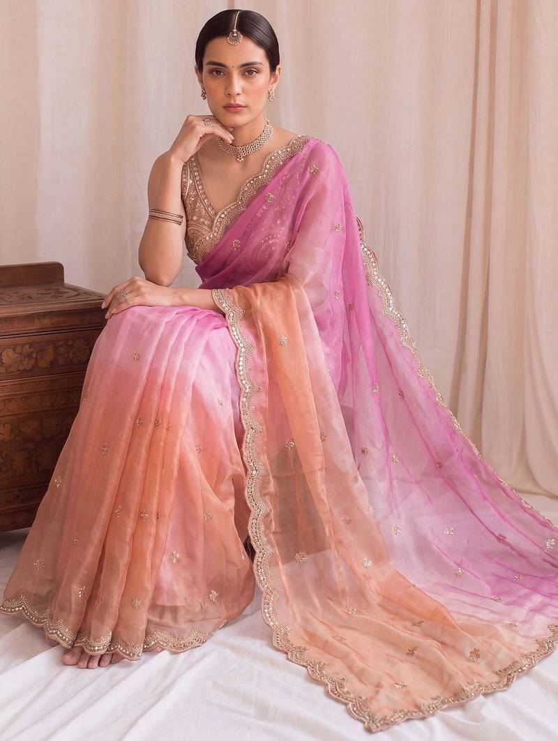Multicolor ombre embroidered tissue designer saree