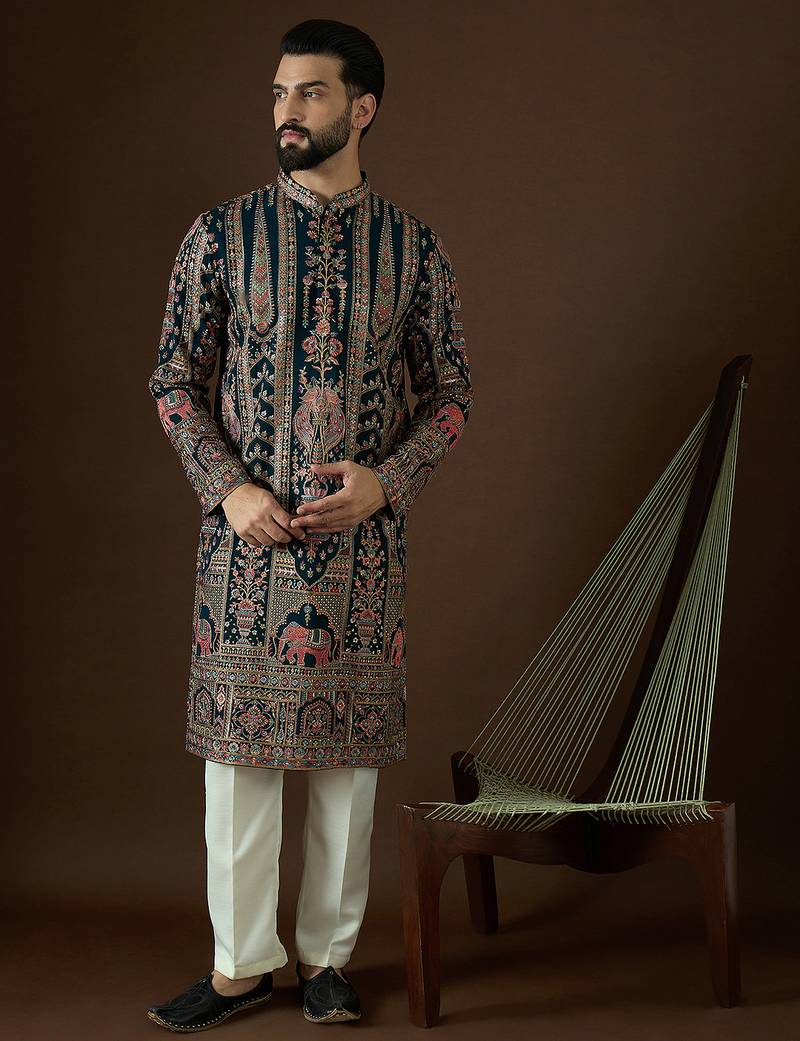 Men’s teal georgette solid embroidered kurta with trouser set | trendy designer ethnic wear for wedding, festive