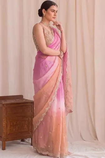 Multicolor ombre embroidered tissue designer saree