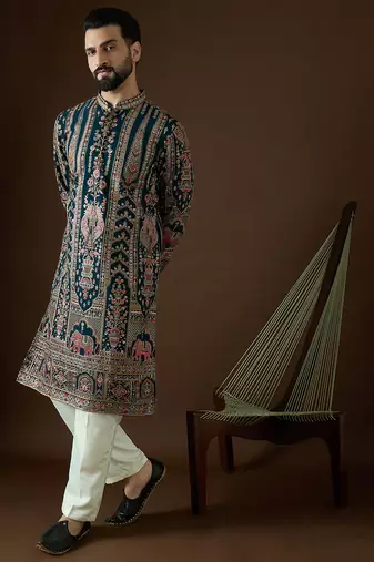 Men’s teal georgette solid embroidered kurta with trouser set | trendy designer ethnic wear for wedding, festive