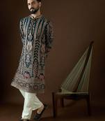 Men’s teal georgette solid embroidered kurta with trouser set | trendy designer ethnic wear for wedding, festive