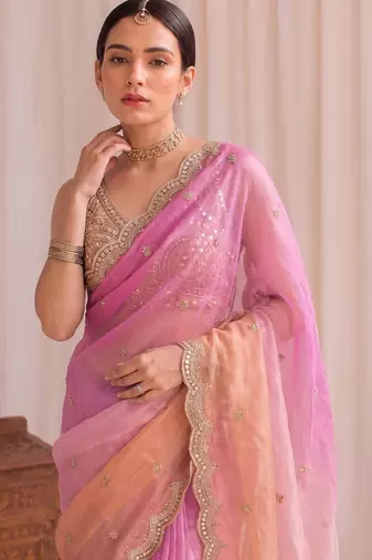Multicolor ombre embroidered tissue designer saree