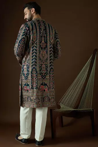 Men’s teal georgette solid embroidered kurta with trouser set | trendy designer ethnic wear for wedding, festive