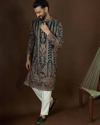 Men’s teal georgette solid embroidered kurta with trouser set | trendy designer ethnic wear for wedding, festive 5