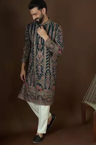Men’s teal georgette solid embroidered kurta with trouser set | trendy designer ethnic wear for wedding, festive