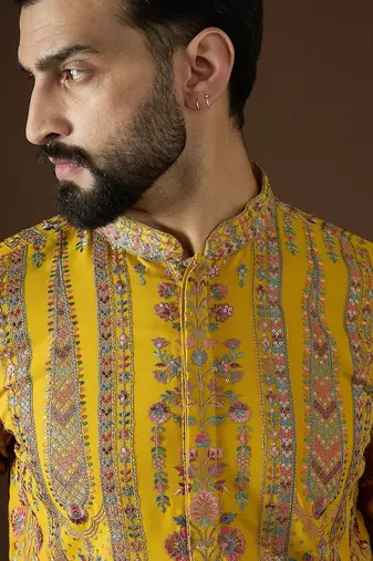 Men’s yellow georgette solid embroidered kurta with trouser set | trendy designer ethnic wear for wedding, festive