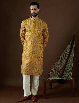 Men’s yellow georgette solid embroidered kurta with trouser set | trendy designer ethnic wear for wedding, festive 1