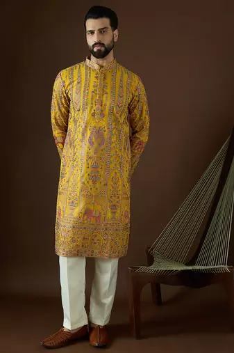 Men’s yellow georgette solid embroidered kurta with trouser set | trendy designer ethnic wear for wedding, festive