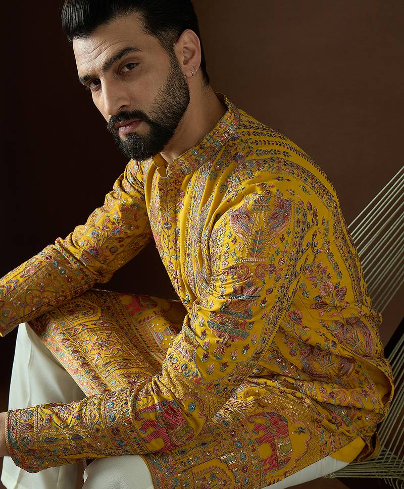 Men’s yellow georgette solid embroidered kurta with trouser set | trendy designer ethnic wear for wedding, festive