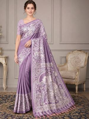 Lavender kalamkari silk blend fusion saree 1