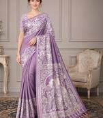 Lavender kalamkari silk blend fusion saree