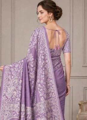 Lavender kalamkari silk blend fusion saree 3