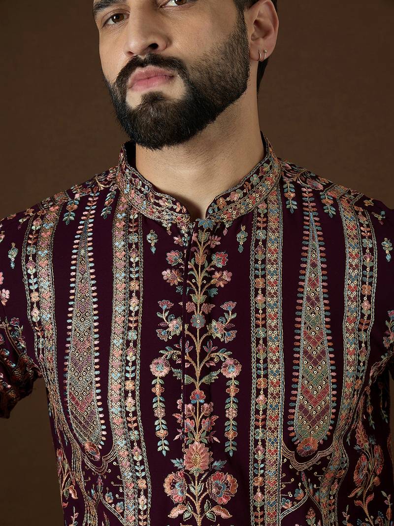 Men’s purple georgette solid embroidered kurta with trouser set | trendy designer ethnic wear for wedding, festive