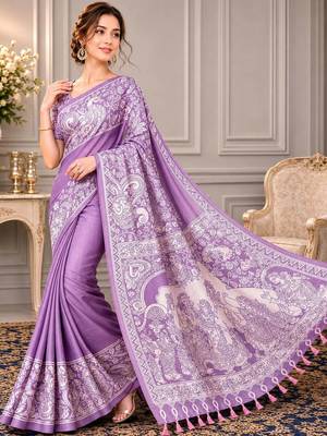 Lavender kalamkari silk blend fusion saree 4