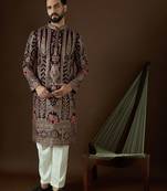Men’s purple georgette solid embroidered kurta with trouser set | trendy designer ethnic wear for wedding, festive