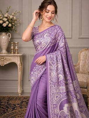 Lavender kalamkari silk blend fusion saree 5